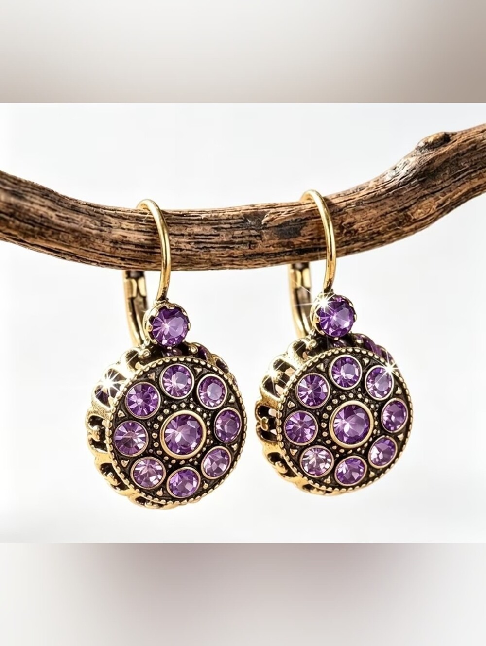 Vintage Victorian Antiqued Filigree GoldTone Light Amethyst Crystal Earrings